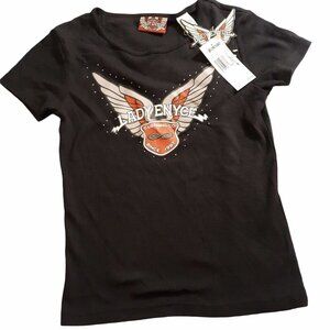 Lady Enyce Girls Black Short Sleeve Graphic Top Size Small Cotton Blend Blouse